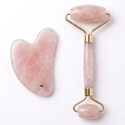 Set de Gua Sha y Rodillo de Cuarzo Rosa